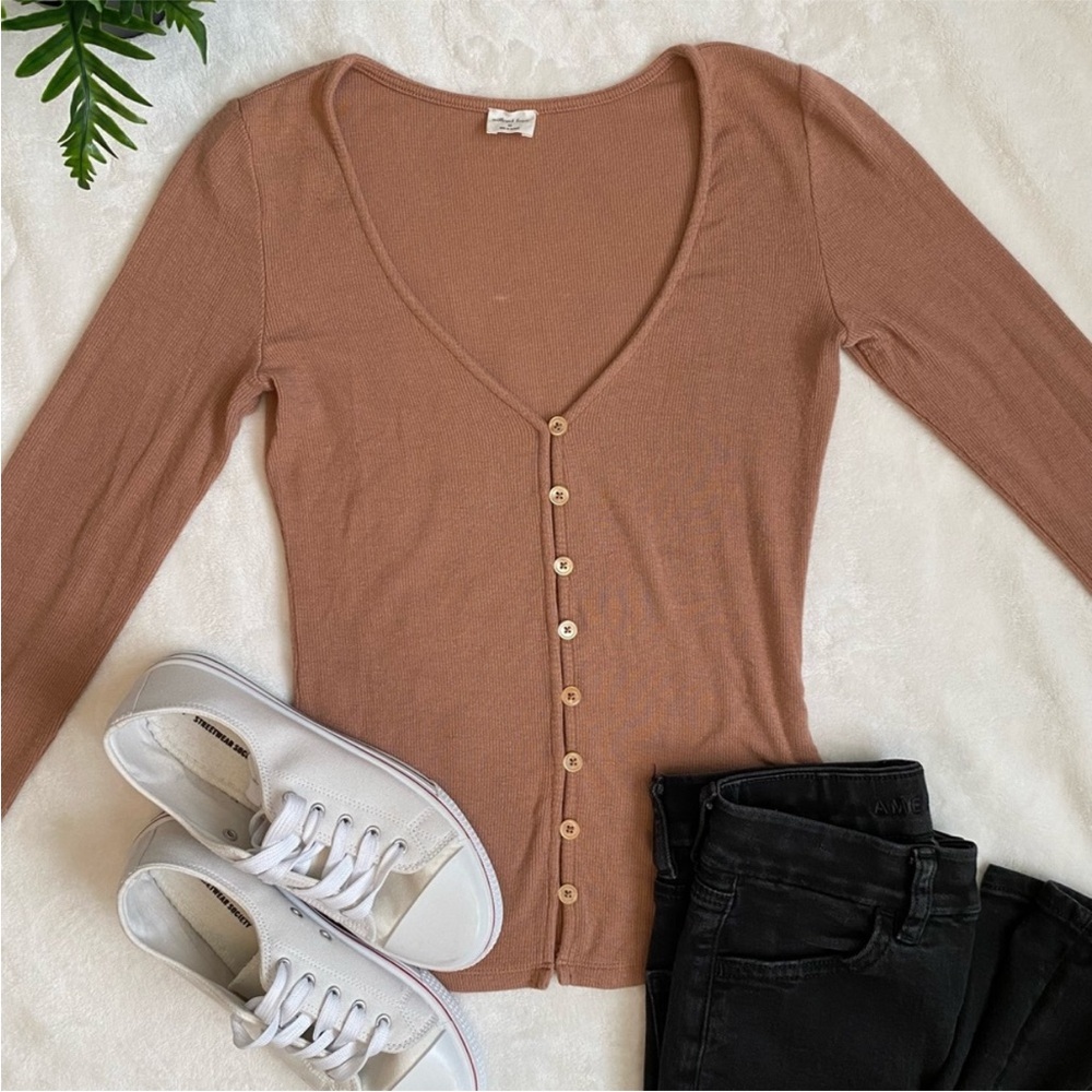 Aritzia Tan Button-Front Ribbed V-Neck Sweater